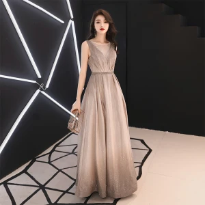 Charming Gradient Color Evening Dresses 2019 A Line Princess Scoop Neck Glitter Polyester Rhinestone Sleeveless Backless Floor Length Long Formal Dresses