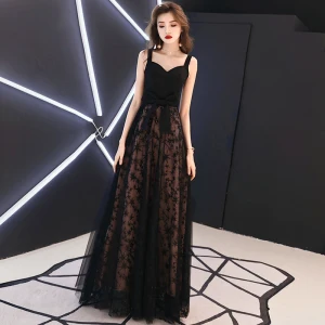 Chic Beautiful Black Evening Dresses 2019 A Line Princess Spaghetti Straps Star Bow Sleeveless Backless Floor Length Long Formal Dresses