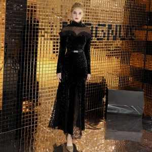 Charming Black Evening Dresses 2019 A Line Princess High Neck Suede Beading Sequins Sash Long Sleeve Ankle Length Formal Dresses