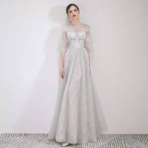 Élégant Gris Robe De Soirée 2019 Princesse Encolure Dégagée Appliques En Dentelle Fleur 1 2 Manches Longue Robe De Ceremonie