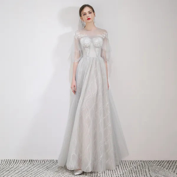 Elegant Grey Evening Dresses  2019 A-Line / Princess Scoop Neck Appliques Lace Flower 1/2 Sleeves Floor-Length / Long Formal Dresses