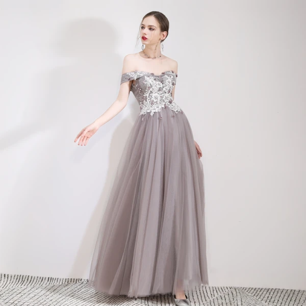 Chic / Beautiful Grey Prom Dresses 2019 A-Line / Princess Appliques Lace  Flower Off-The-Shoulder Short