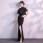 Chinese style Black Evening Dresses  2019 Trumpet / Mermaid High Neck Short Sleeve Split Front Floor-Length / Long Formal Dresses