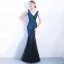 Chic / Belle Bleu Marine Robe De Soirée 2018 Trompette / Sirène Paillettes V-Cou Dos Nu Sans Manches Longue Robe De Ceremonie