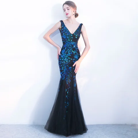 Chic / Beautiful Navy Blue Evening Dresses  2018 Trumpet / Mermaid Sequins V-Neck Backless Sleeveless Floor-Length / Long Formal Dresses