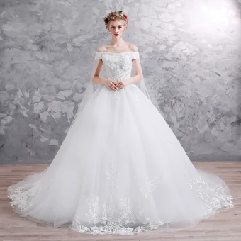 Elegante Witte Trouwjurken 2019 Baljurk Uit De Schouder Kant Bloem Appliques Parel Pailletten Korte Mouwen Ruglooze Chapel Train