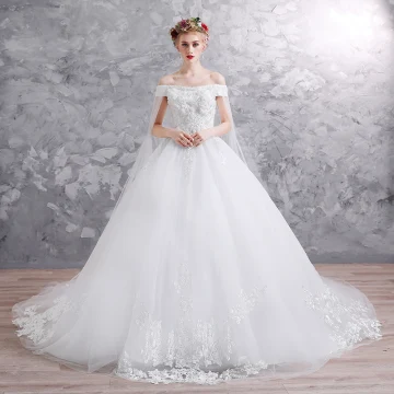 Elegant White Wedding Dresses 2019 Ball Gown Off The Shoulder Lace Flower Appliques Pearl Sequins Short Sleeve Backless Chapel Train