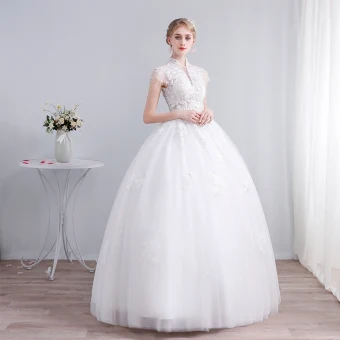 Elegante Witte Trouwjurken 2019 Baljurk Hoge Kraag Kant Bloem Pailletten Korte Mouwen Ruglooze Lange