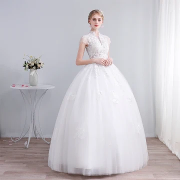 Elegante Witte Trouwjurken 2019 Baljurk Hoge Kraag Kant Bloem Pailletten Korte Mouwen Ruglooze Lange