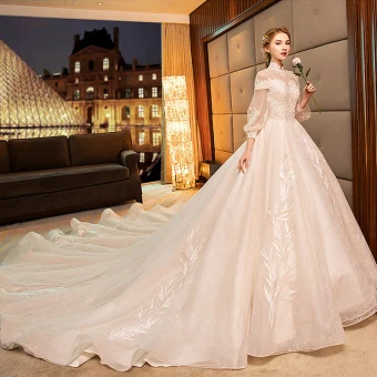 Charming Champagne Wedding Dresses 2019 Ball Gown High Neck Beading Crystal Lace Flower Long Sleeve Backless Royal Train