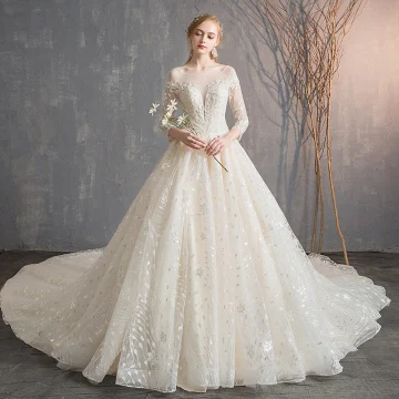 Luxe Champagne Robe De Mariée 2019 Princesse Encolure Dégagée Perlage Cristal Paillettes En Dentelle Fleur Manches Longues Dos Nu Royal Train