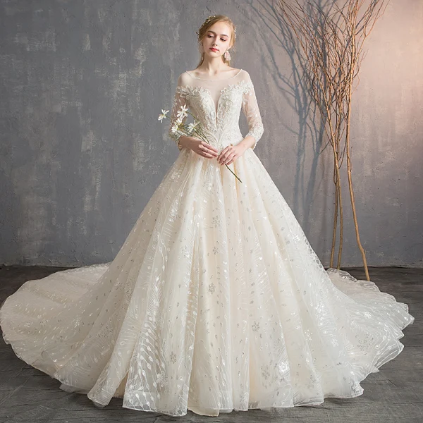 lace wedding dress with sheer sleeves Vintage Sheer Back Half Sleeve Lace Wedding Dress with V-neck – Rosymae main image 0