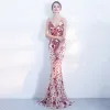 Sexy Burgundy Champagne Formal Dresses 2018 Trumpet / Mermaid Sequins V-Neck Backless Sleeveless Floor-Length / Long Evening Dresses