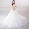 Charming Ivory Wedding Dresses 2019 A-Line / Princess Long Sleeve Lace Flower Backless Chapel Train