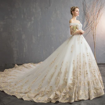 Luxury Gorgeous Champagne 2019 Wedding Dresses Ball Gown Off The Shoulder Buttons Lace Flower Sleeveless Backless Royal Train