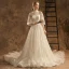 Elegant Champagne Wedding Dresses 2019 A-Line / Princess High Neck Lace Flower 3/4 Sleeve Backless Chapel Train