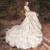 Charming Champagne 2019 Wedding Dresses A-Line / Princess Scoop Neck Lace Flower Glitter Tulle Short Sleeve Backless Cathedral Train