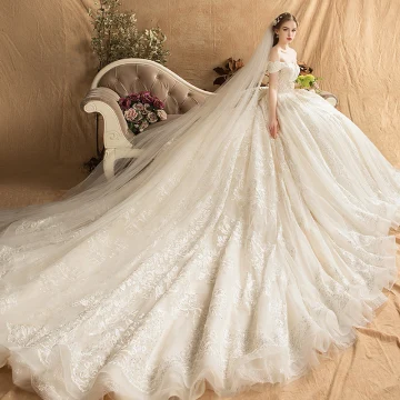 Luxury Gorgeous Champagne Wedding Dresses 2019 Ball Gown Off The Shoulder Beading Pearl Rhinestone Lace Flower Short Sleeve Backless Royal Train
