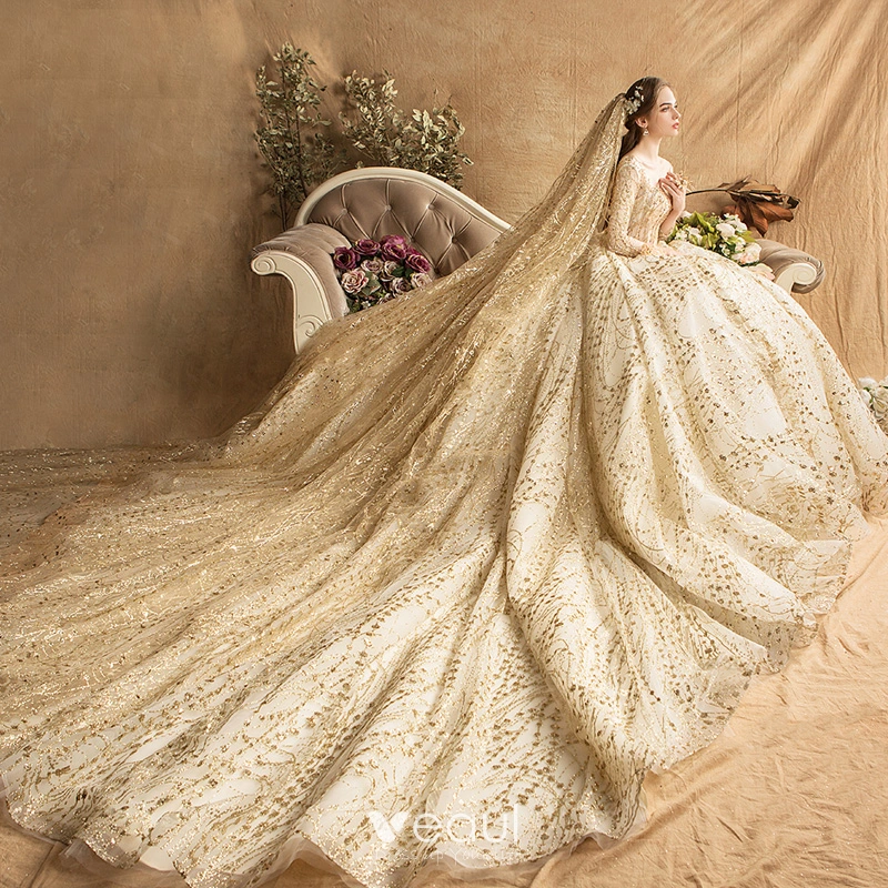 Magical Sparkly Long Sleeve Ball Gown with Square Neck Wedding Dress