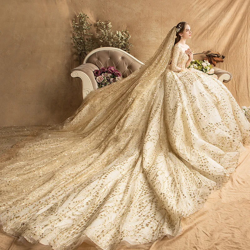 Luxury Gorgeous Gold Wedding Dresses 2019 Ball Gown Square Neckline Glitter Tulle 3/4