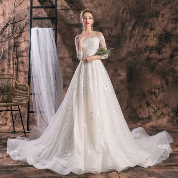 Elegante Ivory Creme Brautkleider Hochzeitskleider 2019 A Linie Rundhalsausschnitt Pailletten Spitze Blumen Quaste 3 4 Ärmel Rückenfreies Kathedrale Schleppe