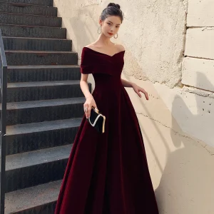 Chic Belle Bordeaux Daim Robe De Soirée 2021 Princesse De L 039 Épaule Manches Courtes Dos Nu Longueur Cheville Soirée Robe De Ceremonie