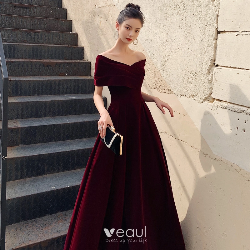 Chic Belle Bordeaux Daim Robe De Soiree 2021 Princesse De l epaule Manches Courtes Dos Nu Longueur Cheville Soiree Robe De Ceremonie