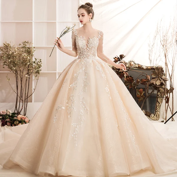 Luxury / Gorgeous Champagne Wedding Dresses 2019 Ball Gown Scoop Neck Handmade Beading Lace Flower Crystal 3/4 Sleeve Backless Royal Train