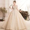 Luxury / Gorgeous Champagne Wedding Dresses 2019 Ball Gown Scoop Neck Handmade  Beading Lace Flower Crystal 3/4 Sleeve Backless Royal Train