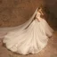 Charming Champagne Wedding Dresses 2019 A-Line / Princess Scoop Neck Beading Lace Flower Sequins 3/4 Sleeve Backless Cathedral Train Wedding