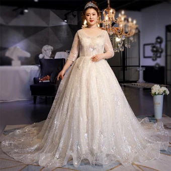 Sparkly Champagne Plus Size Wedding Dresses 2019 Ball Gown V Neck Sequins 1 2 Sleeves Backless Chapel Train