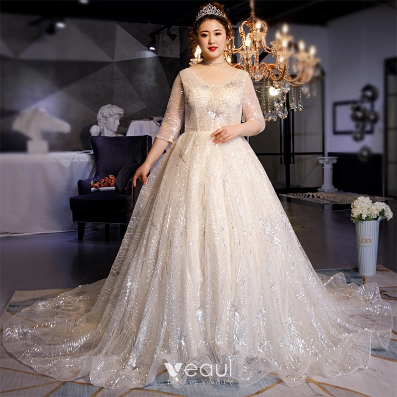 Sparkly Champagne Plus Size Wedding Dresses 2019 Ball Gown V Neck Sequins 1 2 Sleeves