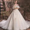 Elegant Champagne Wedding Dresses 2019 Ball Gown Scoop Neck Lace Flower Short Sleeve Backless Royal Train