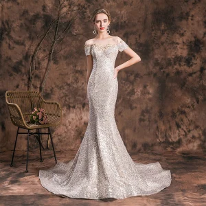 Scintillantes Champagne Robe De Soirée 2019 Trompette Sirène Encolure Dégagée Glitter En Dentelle Fleur Paillettes Manches Courtes Dos Nu Chapel Train Robe De Ceremonie