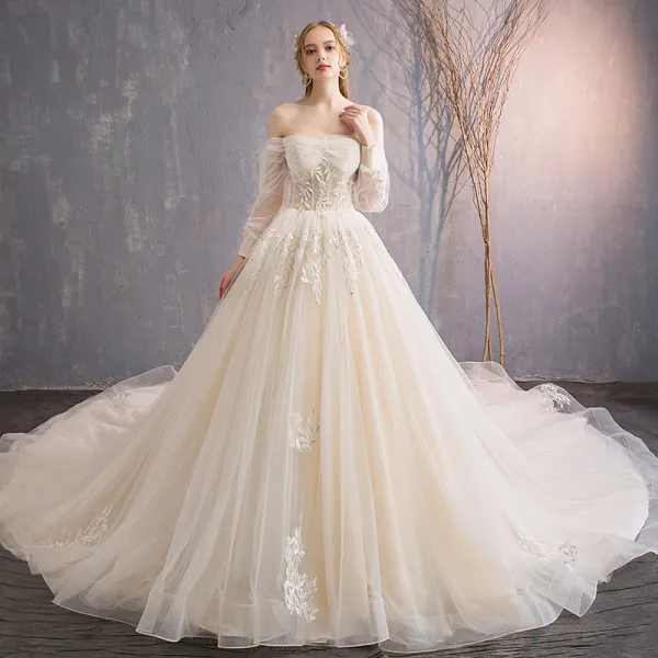 Audrey Hepburn Style Champagne Wedding Dresses 2019 Ball Gown 3/4 Sleeve Beading Sequins Crystal Flower Lace Off-The-Shoulder Backless Royal Train