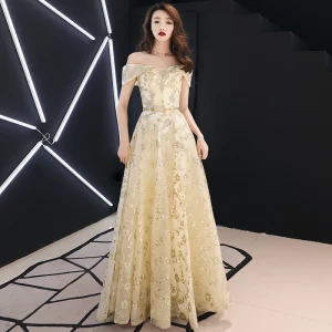 Moderne Mode Doré Robe De Soirée 2019 Princesse De L 039 Épaule Glitter Paillettes Métal Ceinture Manches Courtes Dos Nu Longue Robe De Ceremonie