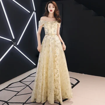 Modern Fashion Gold Evening Dresses 2019 A Line Princess Off The Shoulder Glitter Sequins Metal Sash Short Sleeve Backless Floor Length Long Formal Dresses