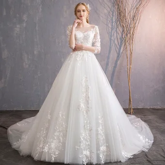 Élégant Ivoire Robe De Mariée 2019 Princesse Encolure Dégagée Appliques En Dentelle Fleur Perle 3 4 Manches Dos Nu Cathedral Train