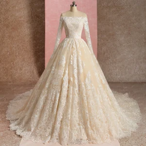 Élégant Champagne Robe De Mariée 2019 Robe Boule De L 039 Épaule En Dentelle Fleur Manches Longues Dos Nu Cathedral Train