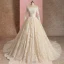 Élégant Champagne Robe De Mariée 2019 Robe Boule De l'épaule En Dentelle Fleur Manches Longues Dos Nu Cathedral Train