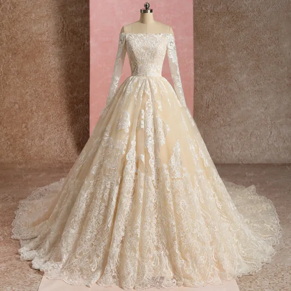 Elegant Champagne Wedding Dresses 2019 Ball Gown Off-The-Shoulder Lace Flower Long Sleeve Backless Cathedral Train