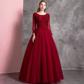 Chic Belle Bordeaux Robe De Bal 2019 Princesse Encolure Dégagée Perlage Cristal Paillettes Manches Longues Dos Nu Longue Robe De Ceremonie