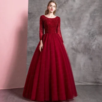 Chic Belle Bordeaux Robe De Bal 2019 Princesse Encolure Dégagée Perlage Cristal Paillettes Manches Longues Dos Nu Longue Robe De Ceremonie