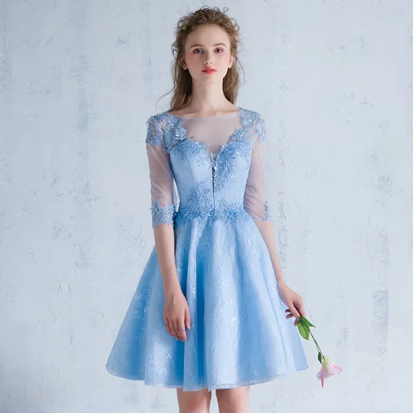 Chic / Beautiful Sky Blue Homecoming Graduation Dresses 2018 A-Line / Princess Appliques Scoop Neck Backless 1/2 Sleeves Short Formal Dresses