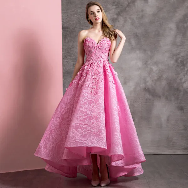 Chic / Beautiful Candy Pink Prom Dresses 2019 A-Line / Princess Sweetheart Lace Appliques Sleeveless Backless Asymmetrical Formal Dresses