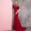 Chic / Beautiful Burgundy Evening Dresses  2019 Trumpet / Mermaid High Neck Beading Crystal Short Sleeve Sweep Train Formal Dresses