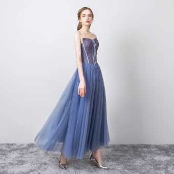 Chic Belle Océan Bleu Robe De Soirée 2019 Princesse Bustier Sans Manches Paillettes Dos Nu Longue Robe De Ceremonie