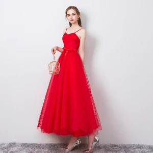 Simple Couleur Unie Rouge Robe De Soirée 2019 Princesse Bretelles Spaghetti Noeud Sans Manches Dos Nu Longueur Cheville Robe De Ceremonie
