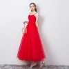 Modest / Simple Solid Color Red Evening Dresses  2019 A-Line / Princess Spaghetti Straps Bow Sleeveless Backless Ankle Length Formal Dresses