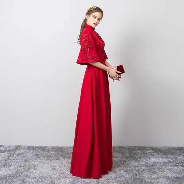 Chic / Beautiful Burgundy Evening Dresses  2019 A-Line / Princess High Neck Beading Lace Flower Appliques Bell sleeves Floor-Length / Long Formal Dresses